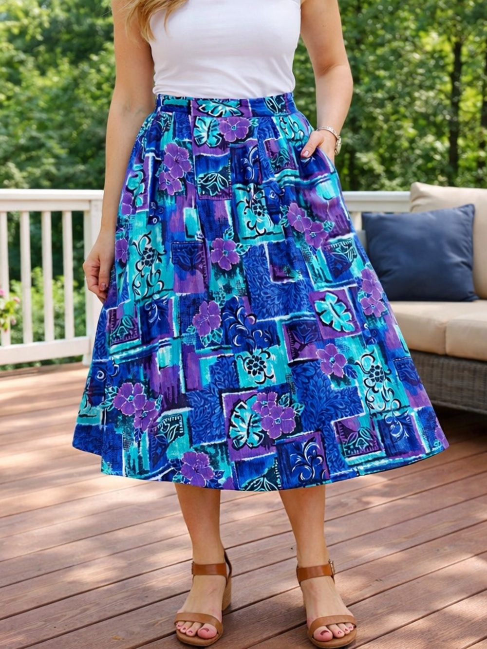 Vintage Jessica Scott Blue & Purple Floral Skirt with pockets spring time